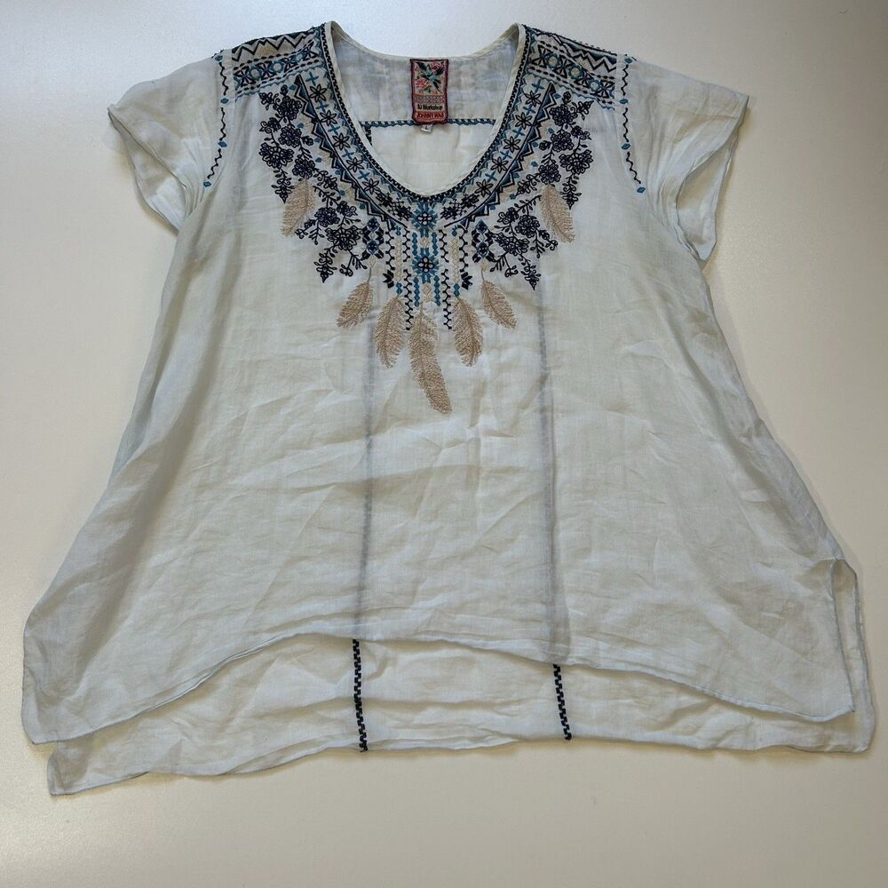 Johnny Was Tunic Blouse White Embroidered Boho Beachy Coastal Cottagecore Size L